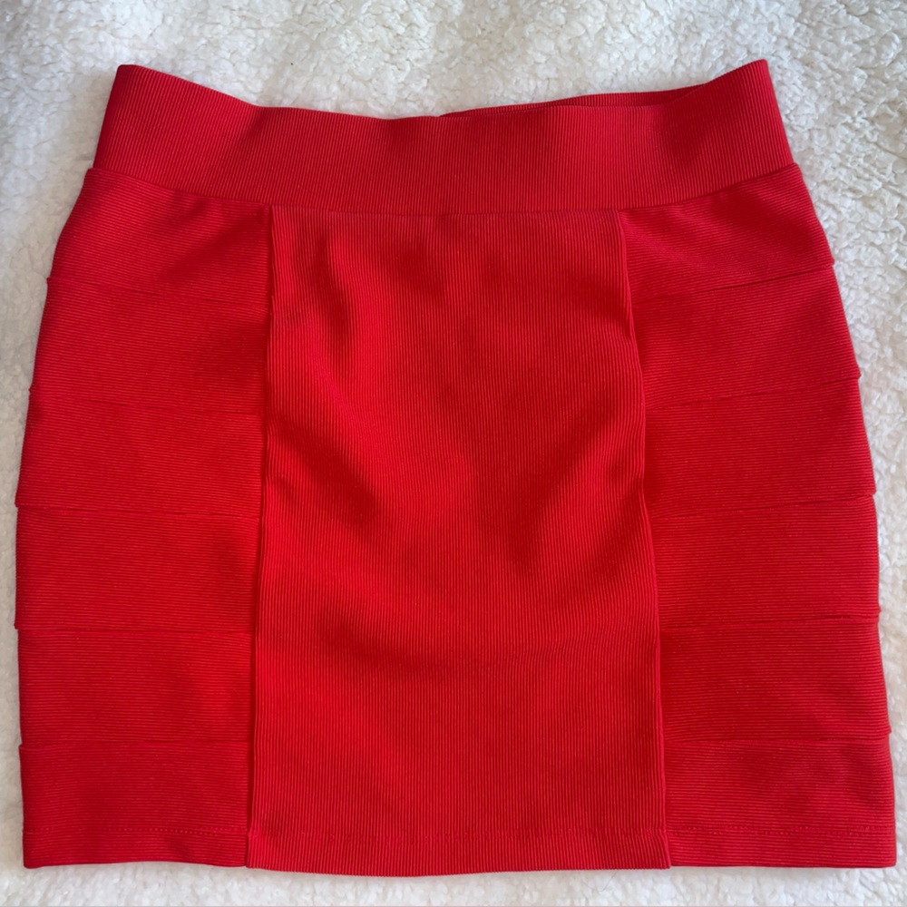 Red Ribbed Bodycon Mini Skirt